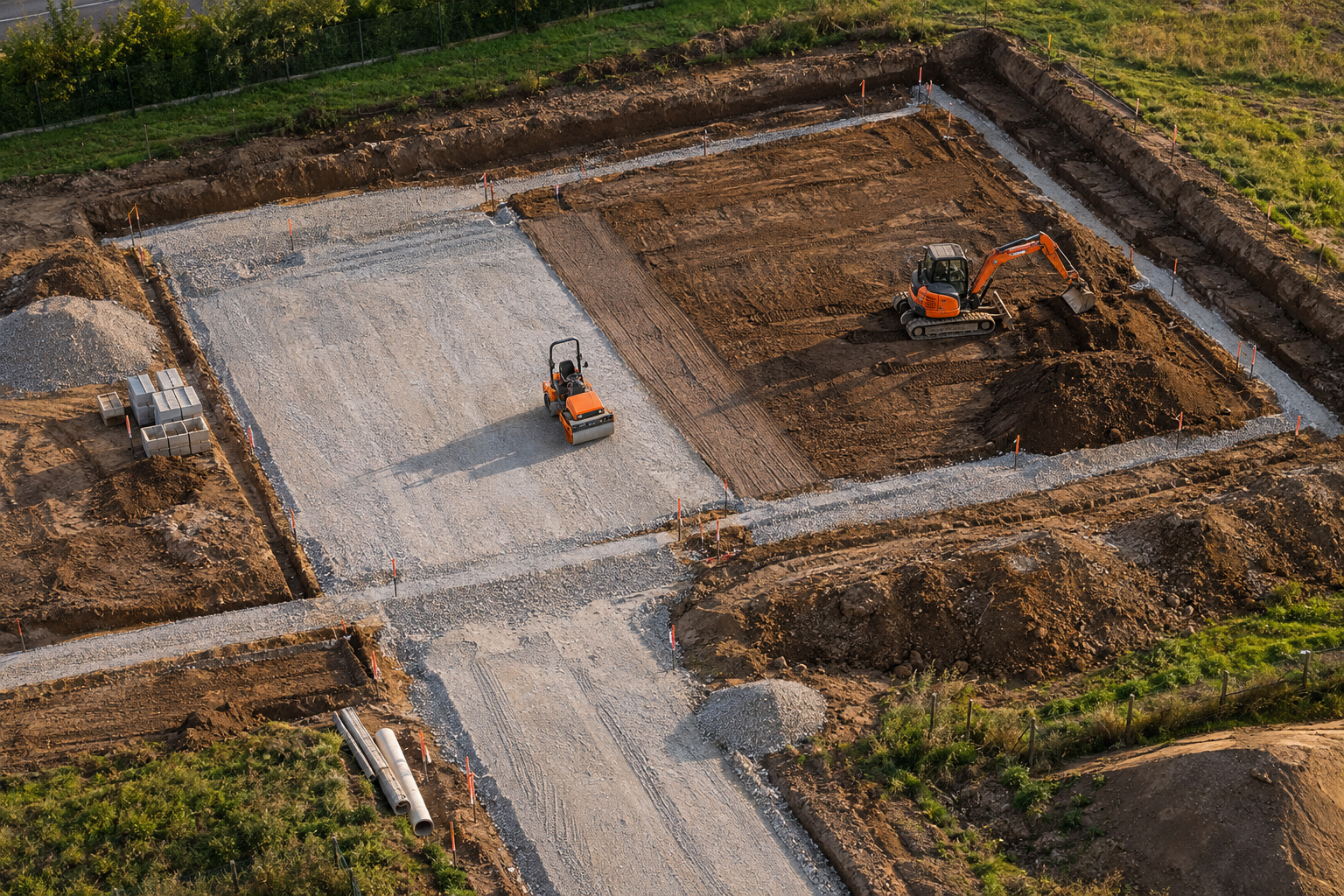 Vedere aeriană a unui teren organizat și pregătit pentru construcție