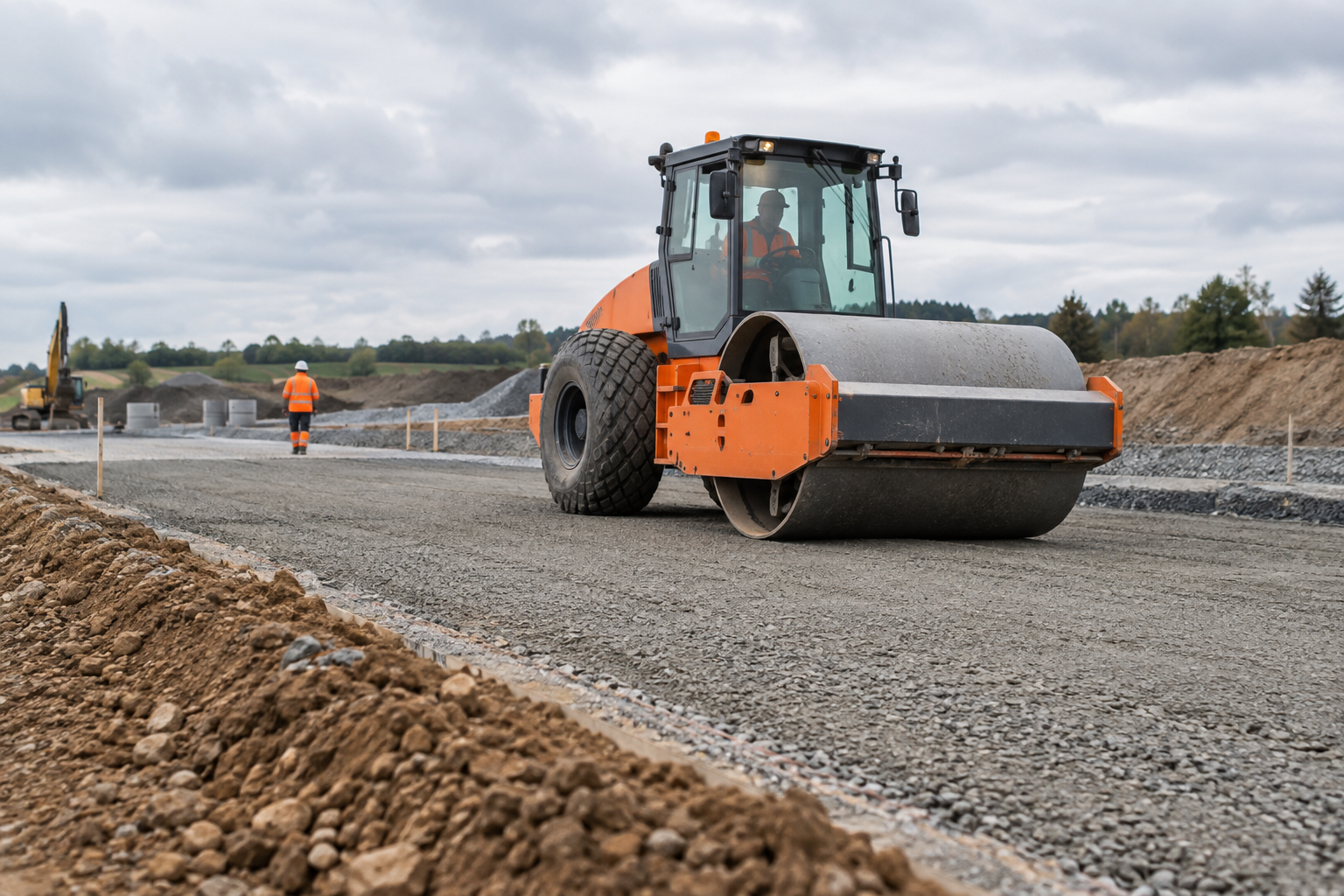 Utilaj de compactare pe stratul de bază al unui șantier